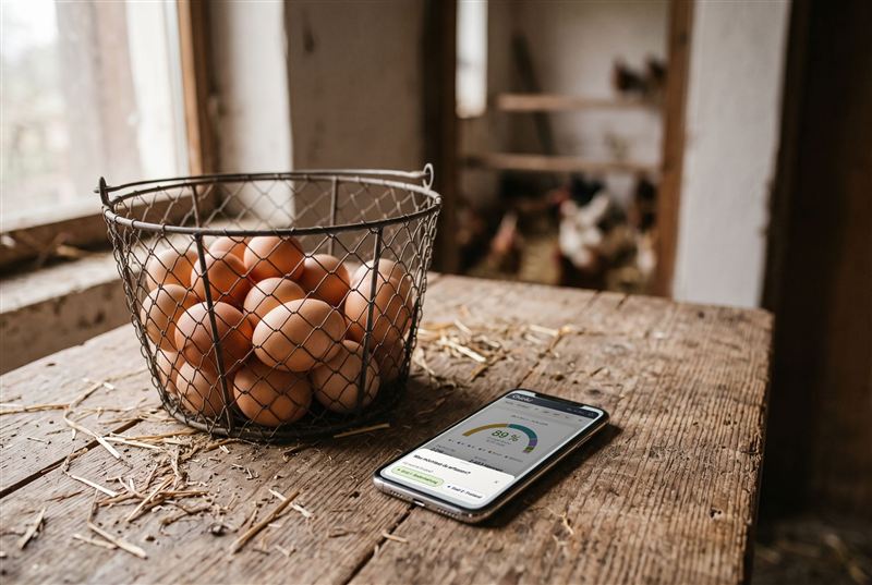 Eierkorb auf einem Holztisch im Stall, daneben ein Smartphone mit der Chicks App