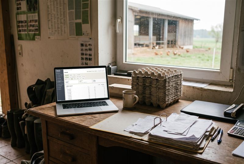 Schreibtisch auf dem Hof mit Laptop, der die Chicks App zeigt, Eierpaletten und Blick auf den Stall